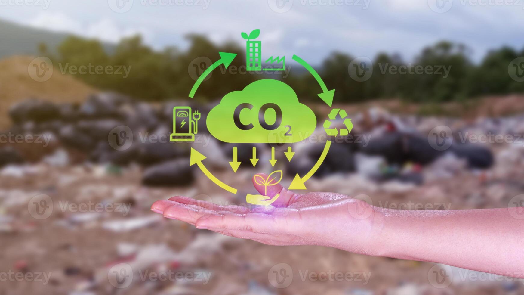 main en portant CO2 réduire virtuel icône pour diminution carbone dioxyde émission, carbone empreinte et carbone crédit à limite global chauffage de bio climat changement concept. photo