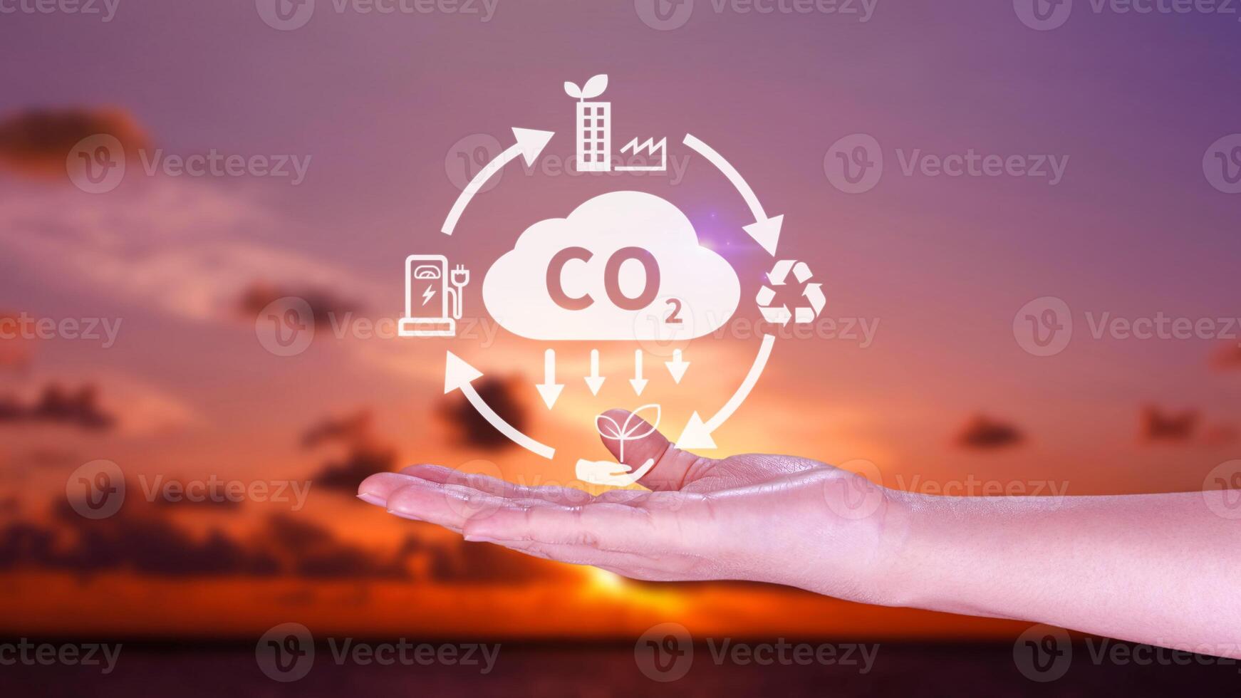 main en portant CO2 réduire virtuel icône pour diminution carbone dioxyde émission, carbone empreinte et carbone crédit à limite global chauffage de bio climat changement concept. photo