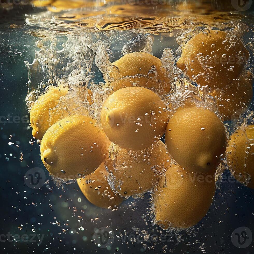 citrons chute dans l'eau avec éclaboussure sur noir Contexte. photo