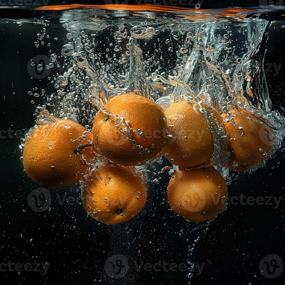 des oranges chute dans l'eau avec éclaboussure sur noir Contexte. photo