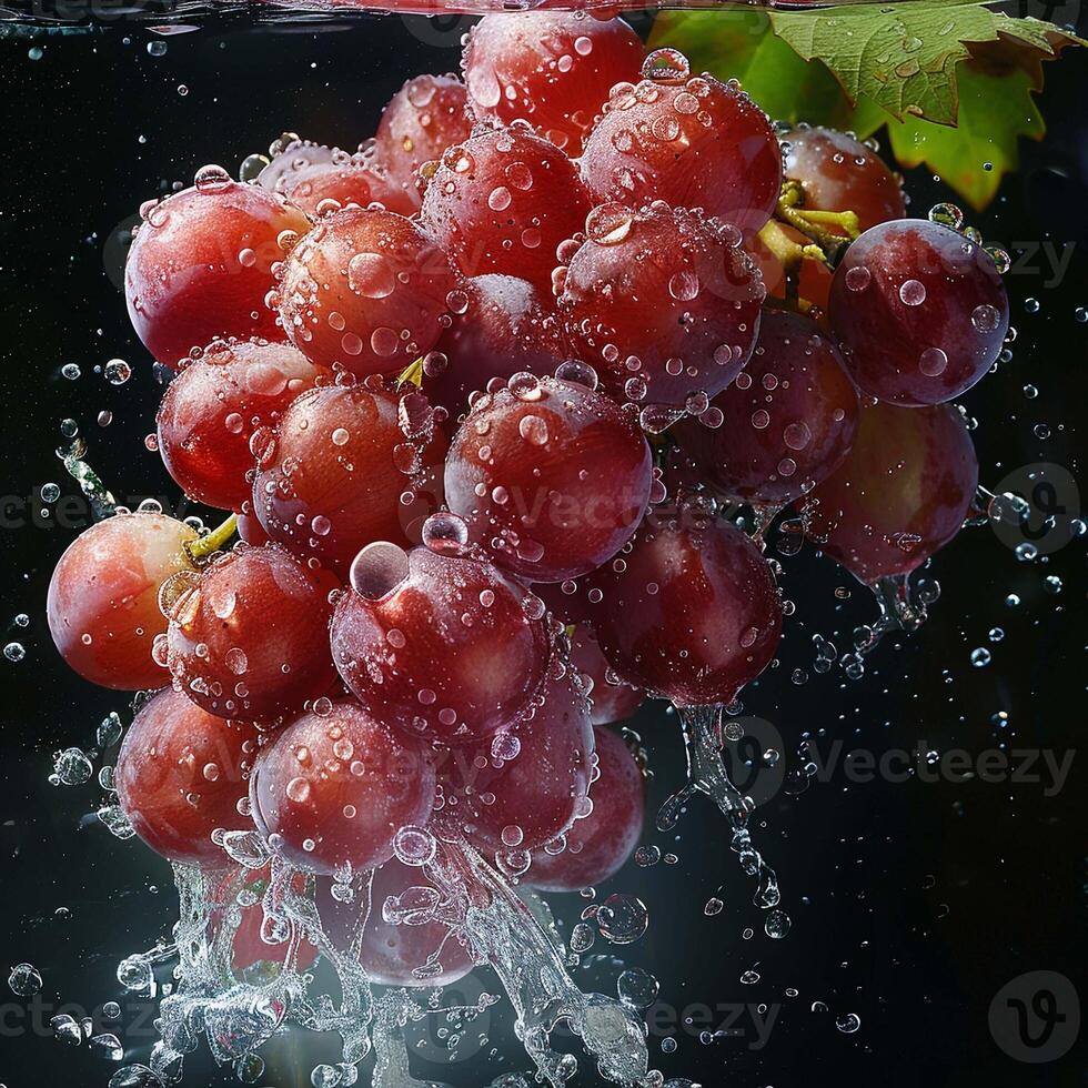 rouge les raisins chute dans l'eau avec éclaboussure sur noir Contexte. photo