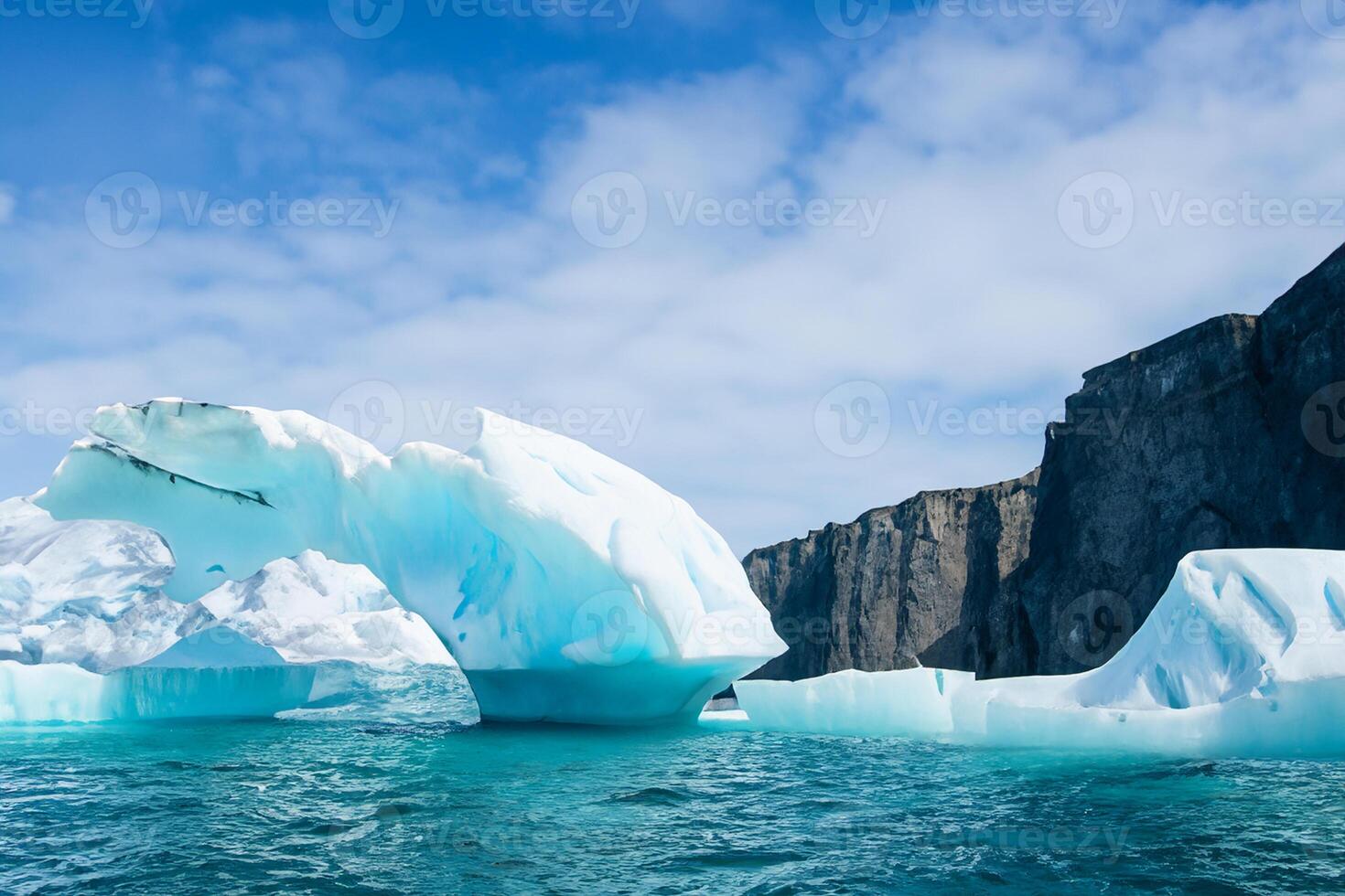 majestueux la glace falaises couronné par une cool atmosphère, encadré par le magnifique mer et ciel, prestidigitation une harmonieux panorama de la nature glacé grandeur et océanique splendeur photo