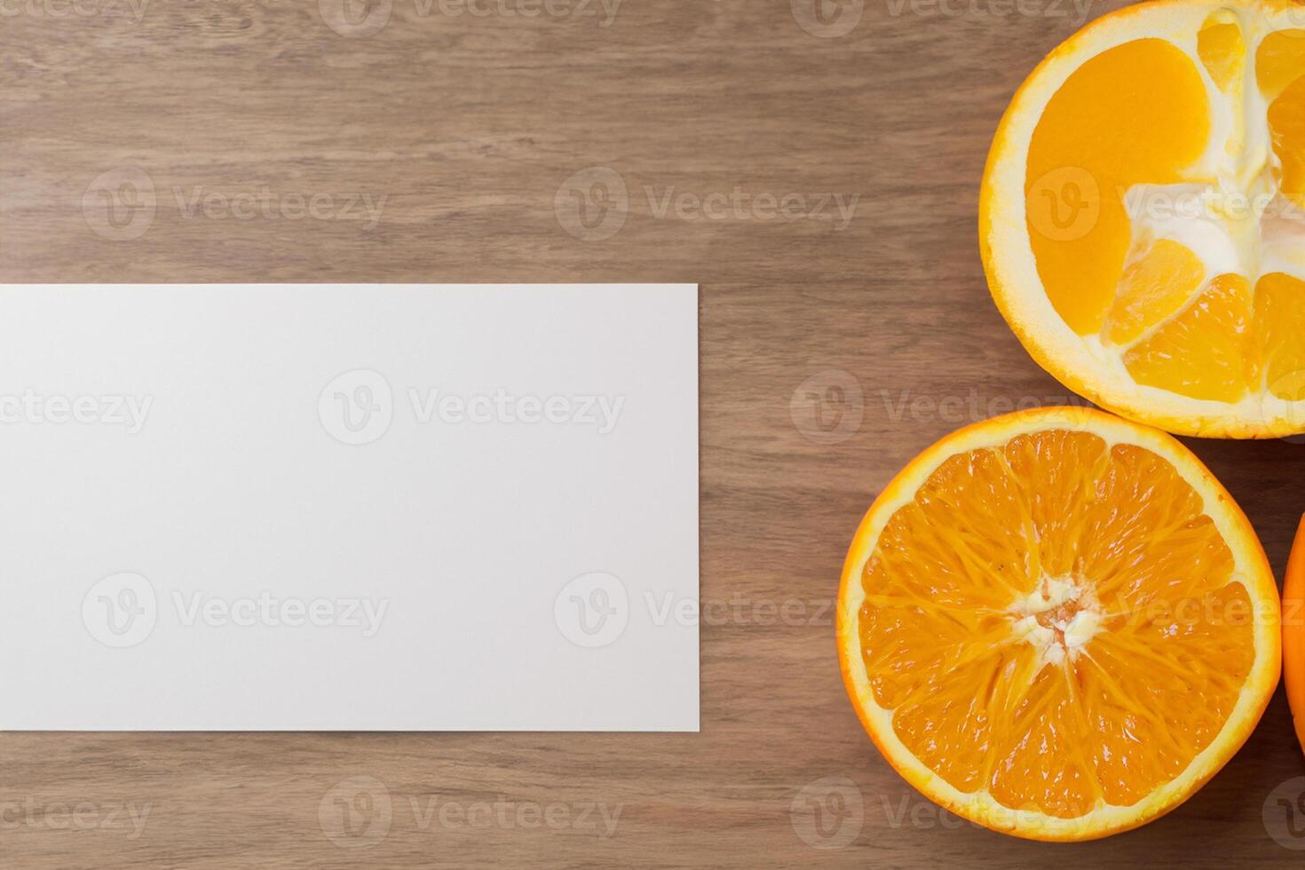 blanc papier maquette animé par le piquant aura de Frais des oranges, artisanat une visuel symphonie de culinaire opulence et sain conception photo