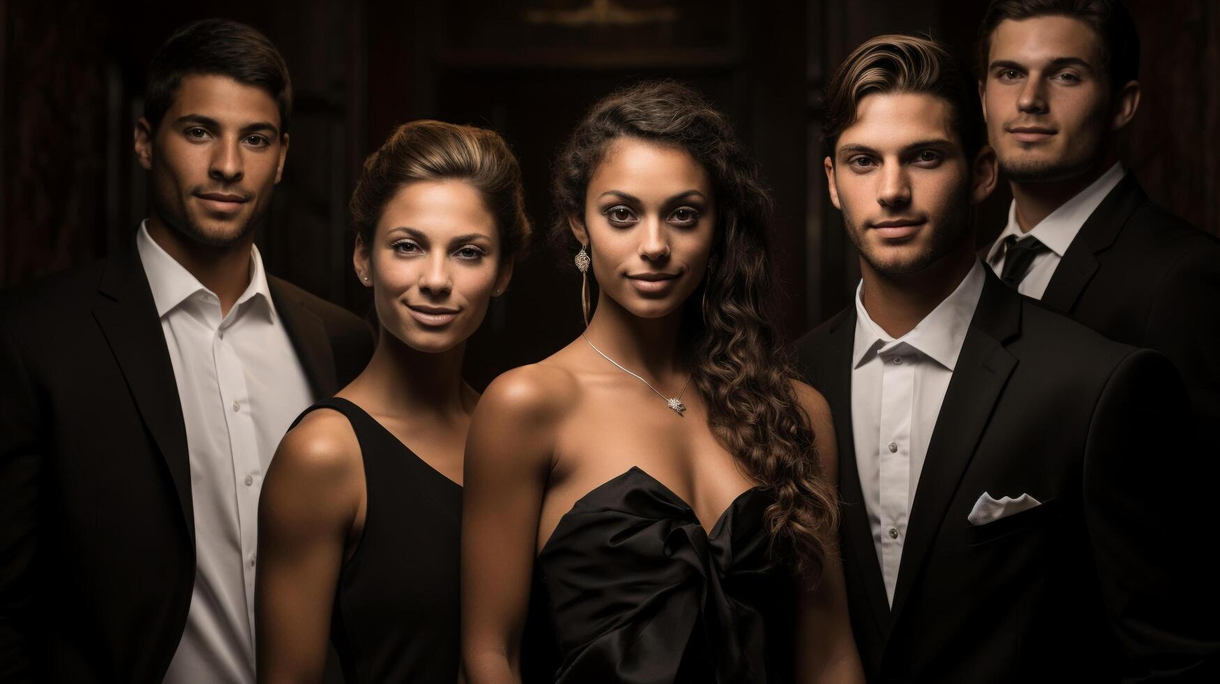 groupe dans formel tenue, multiculturel élégance, classique noir et blanc photo, niveau des yeux photo