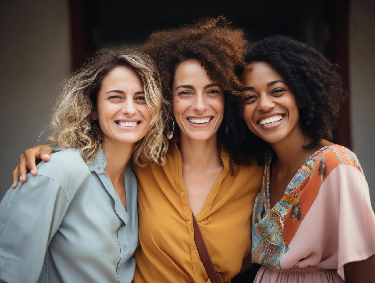 femmes de différent arrière-plans, décontractée style, brillant jour, panoramique, Naturel sourit photo