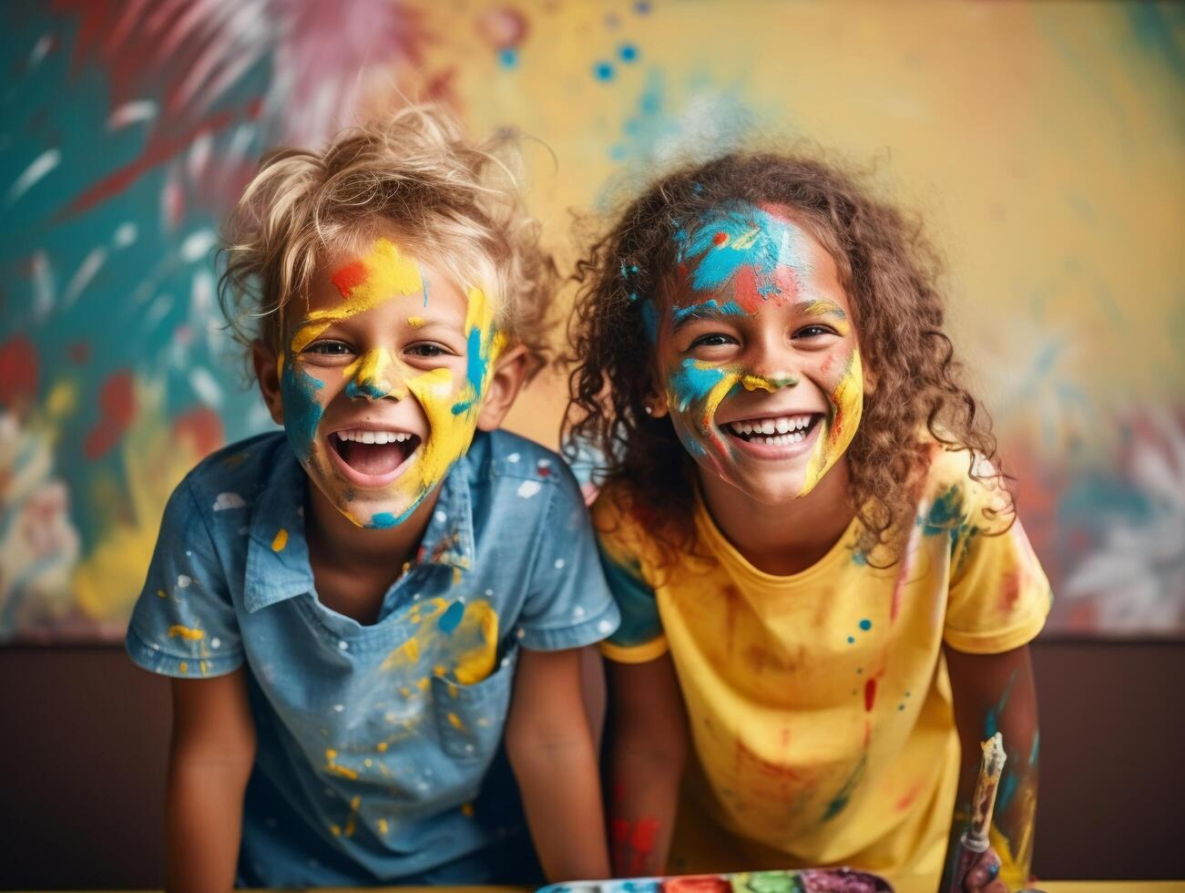 joyeux des gamins avec recouvert de peinture mains en haut, coloré chambre, niveau des yeux Capturer photo