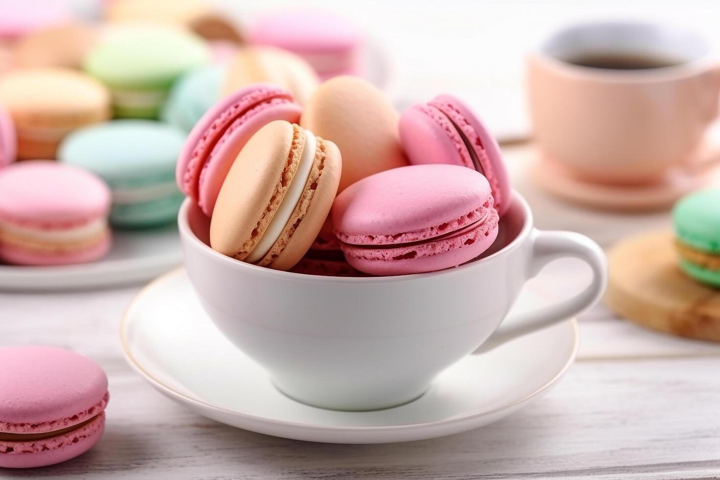 coloré macarons sur blanc en bois Contexte .. photo