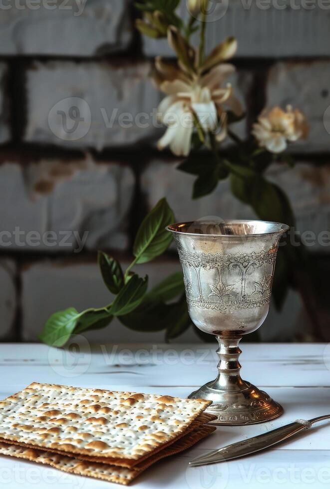 matzah et une argent gobelet sur une blanc tableau, photo