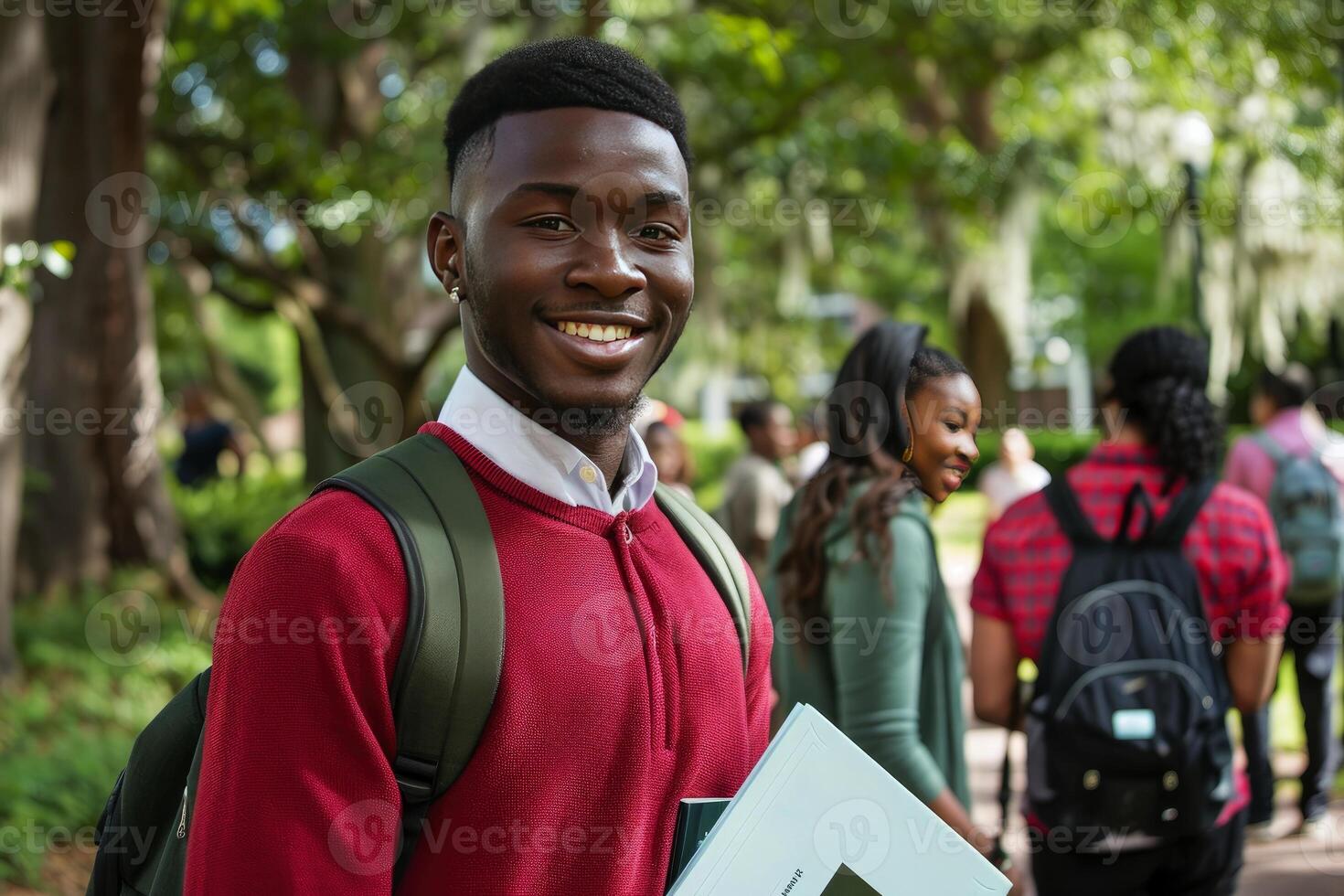 africain américain étudiant en portant livres et souriant à le caméra photo