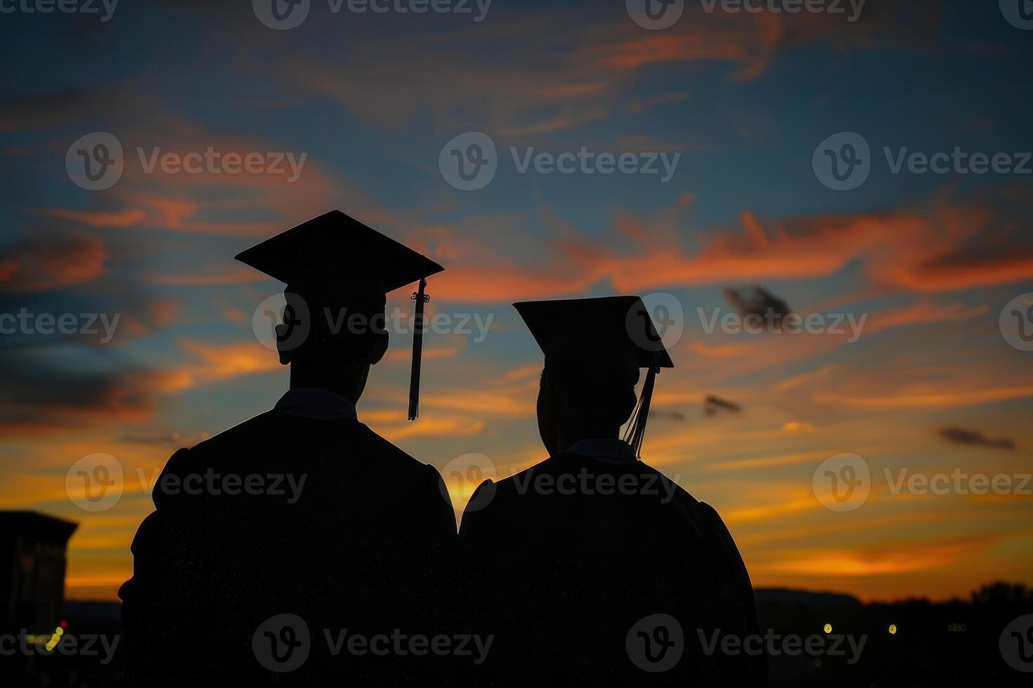 silhouettes de élèves portant l'obtention du diplôme casquettes contre le ciel à le coucher du soleil photo
