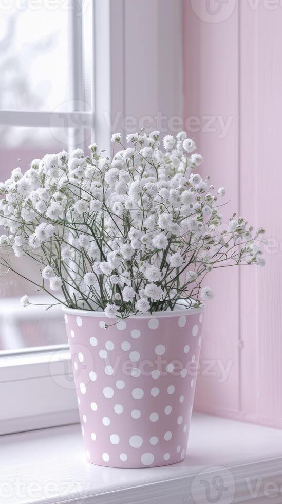 rose et blanc polka point fleur pot avec de bébé souffle fleurs photo