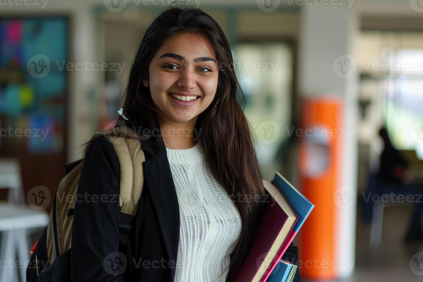 attrayant femelle étudiant souriant, en portant livres et Remarques. photo