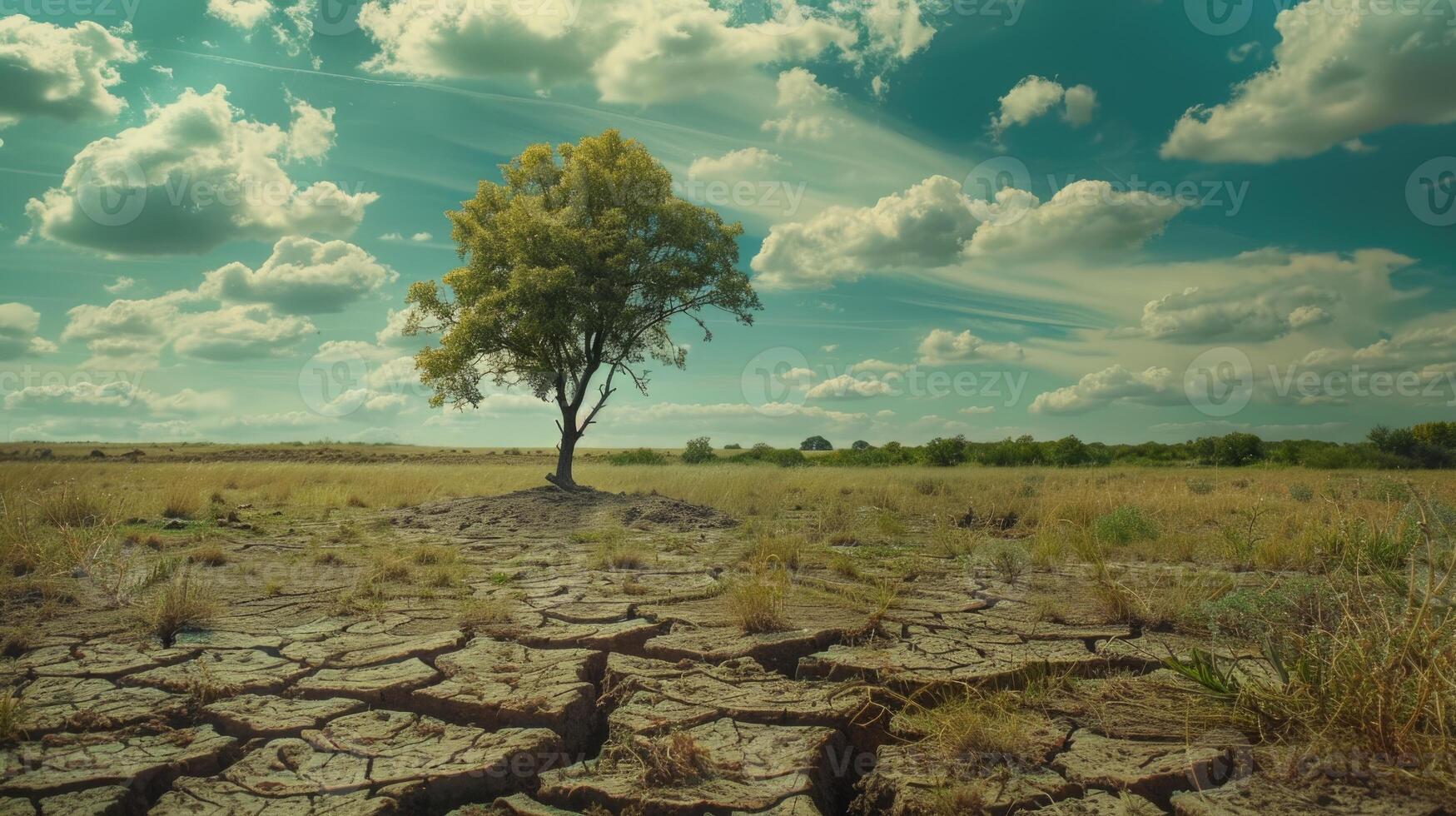 sec pays avec fissuré sol et croissance arbre symbolise climat changement. photo