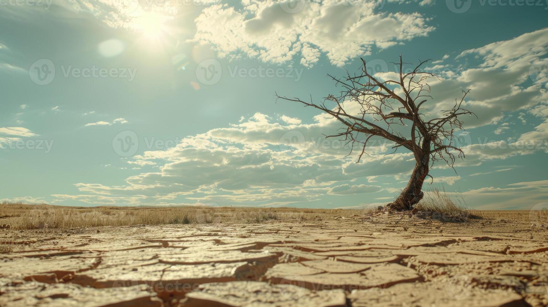 sec fissuré terre avec mort arbre et ciel dans Contexte une concept de global chauffage photo