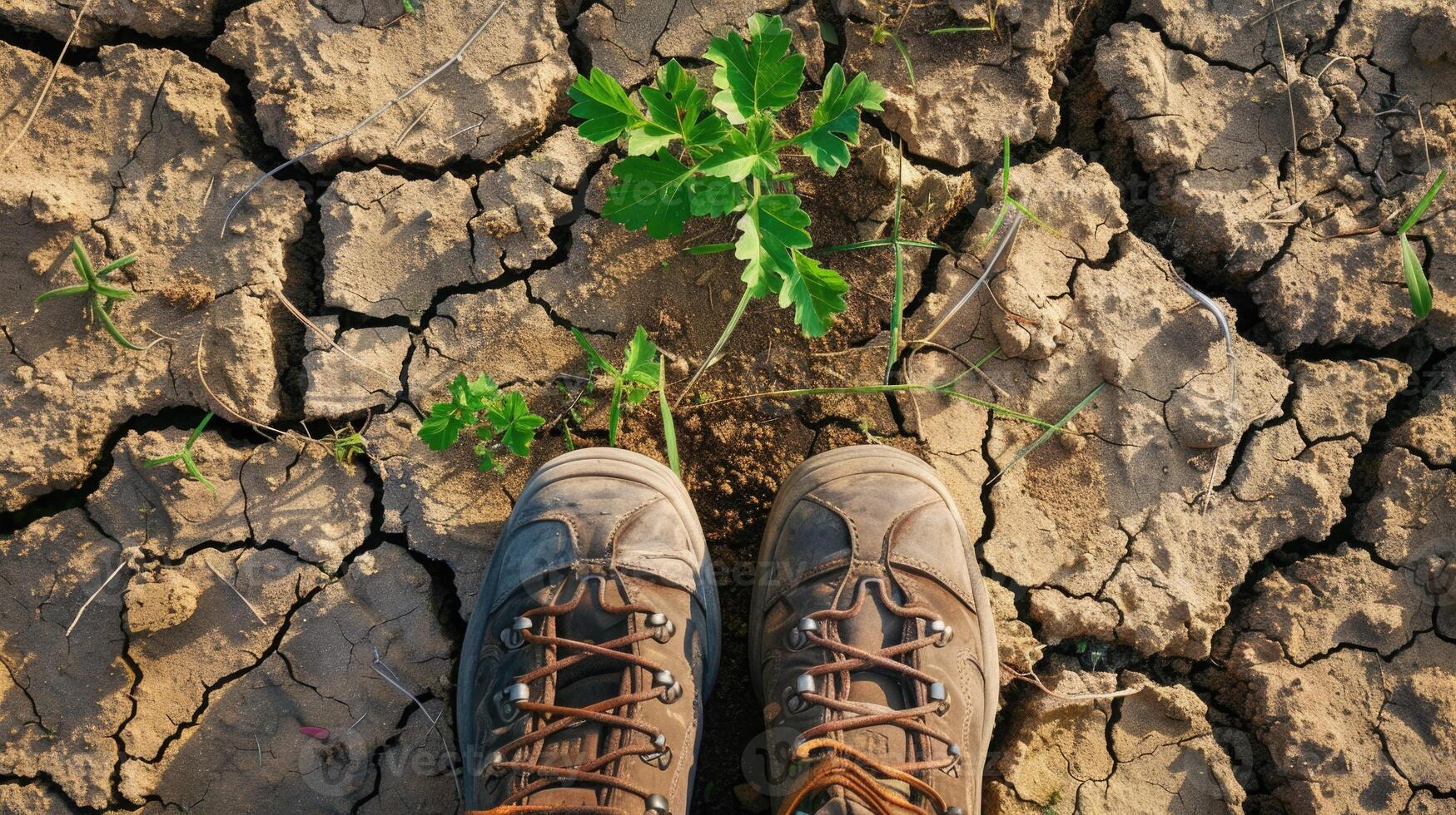 randonnée des chaussures sur fissuré sol avec vert herbe Contexte. photo