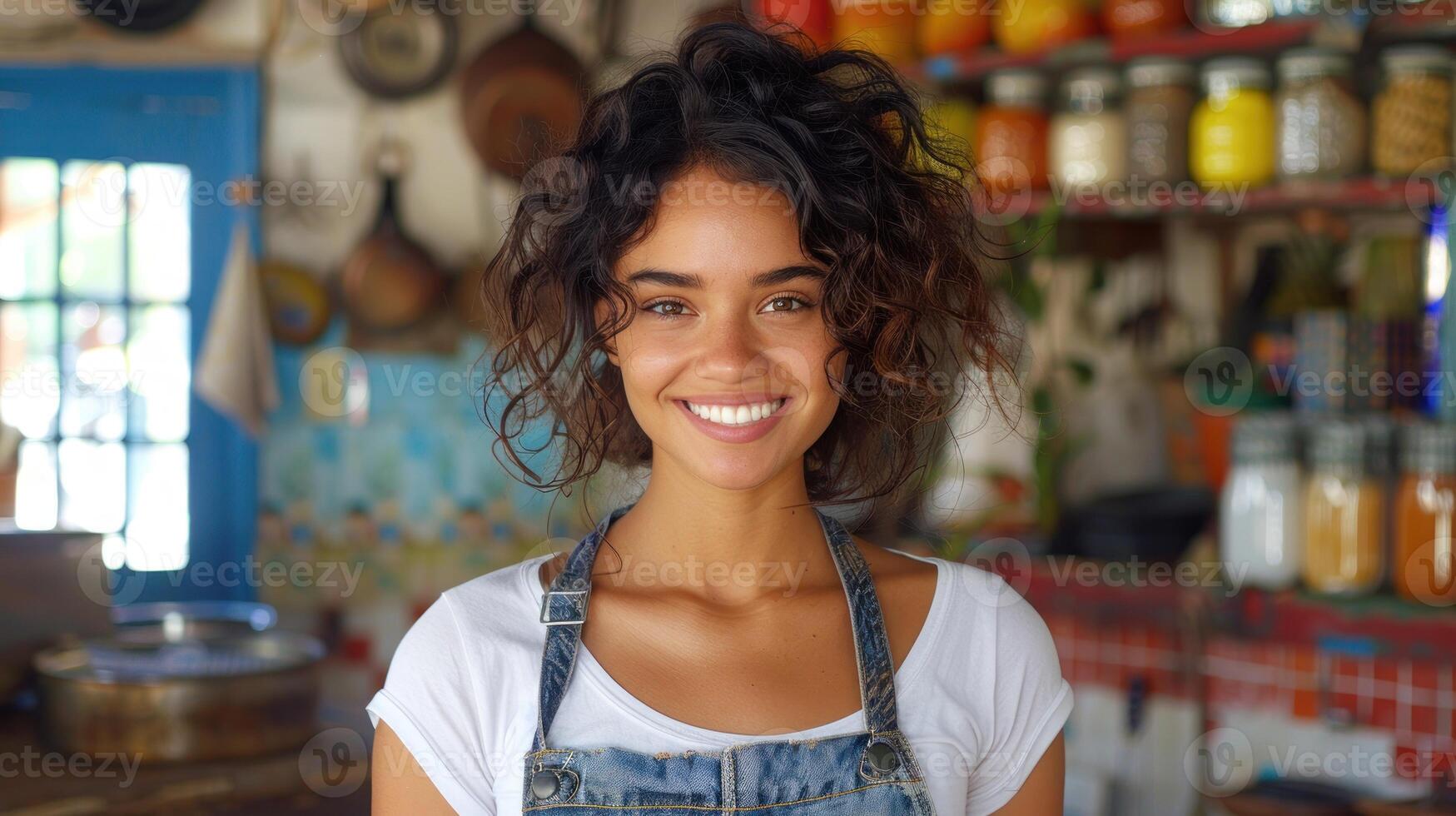 une femme permanent avec une sourire dans de face de une boutique photo