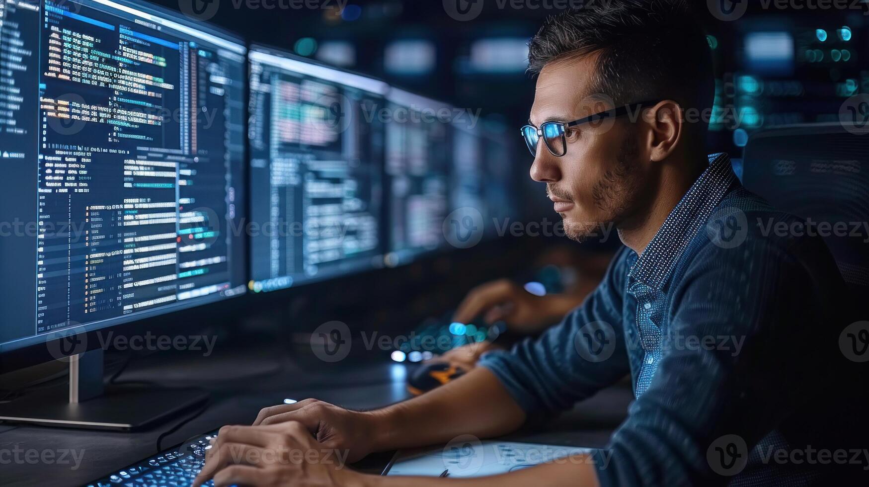 une homme séance dans de face de deux ordinateur moniteurs, travail avec diligence photo