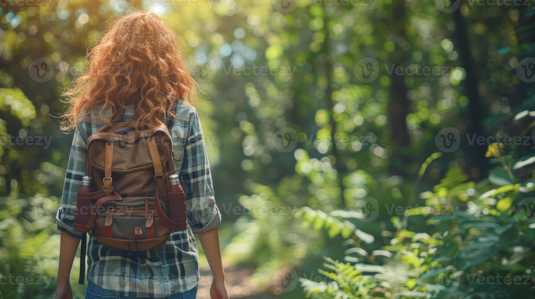 une femme avec une sac à dos randonnée par une boisé zone photo