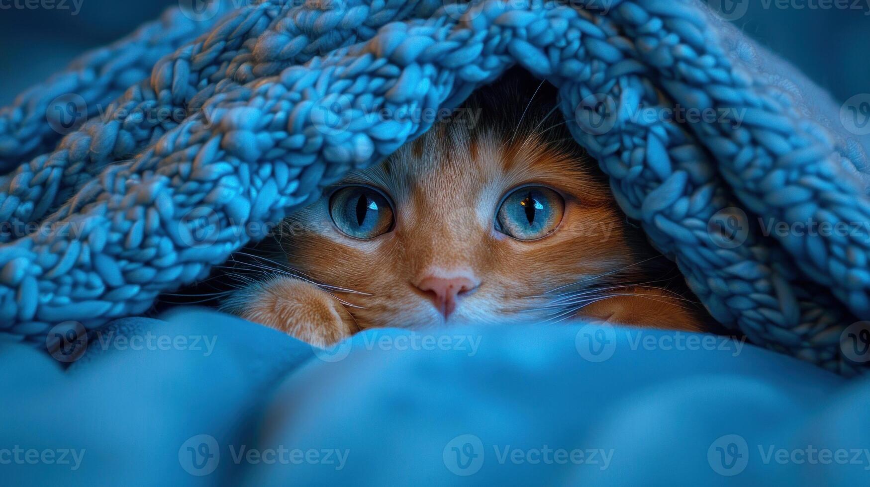 une chat piquer ses tête en dehors de en dessous de une confortable couverture photo