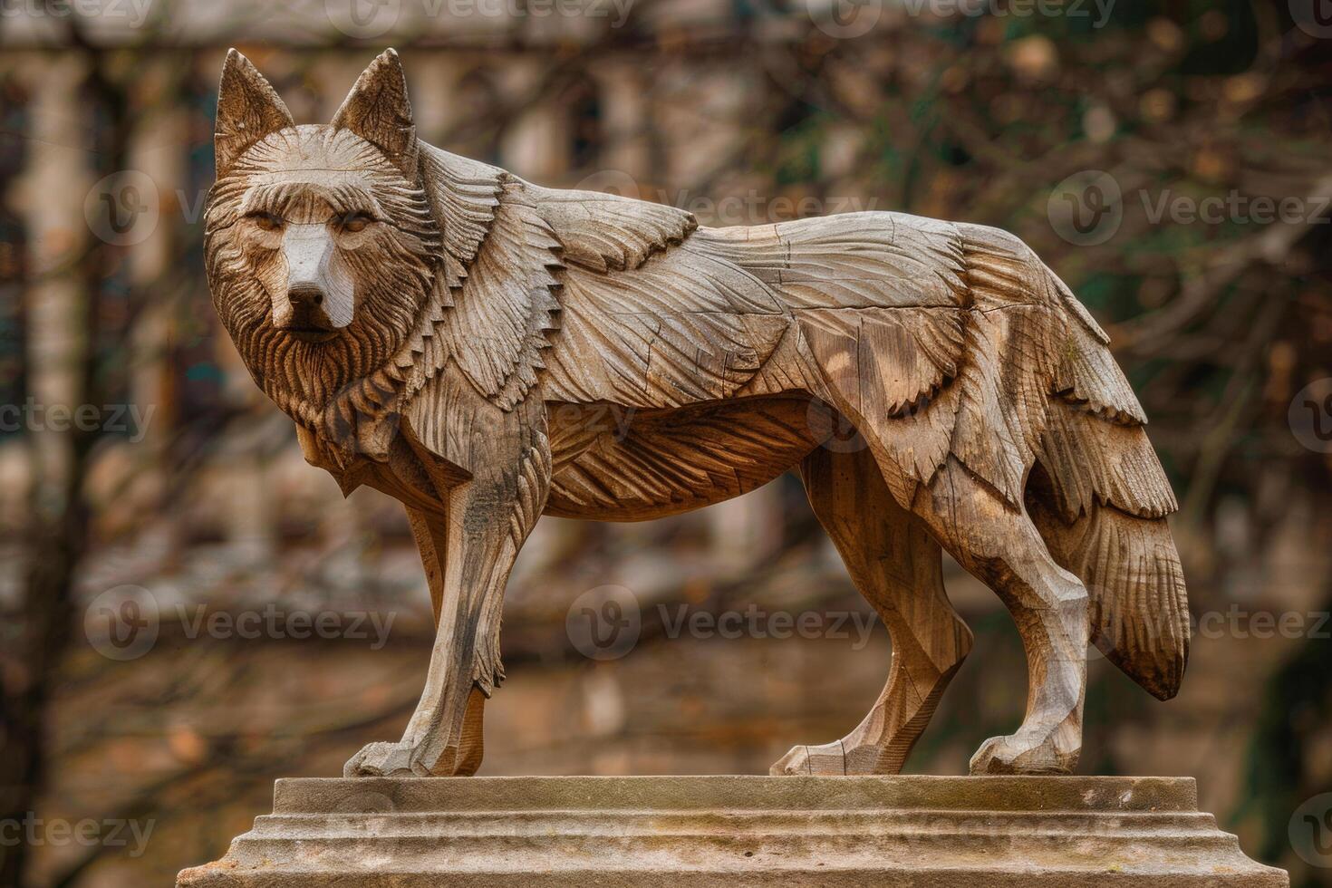 majestueux en bois Loup sculpture avec complexe détaillant et une fier comportement ai image photo