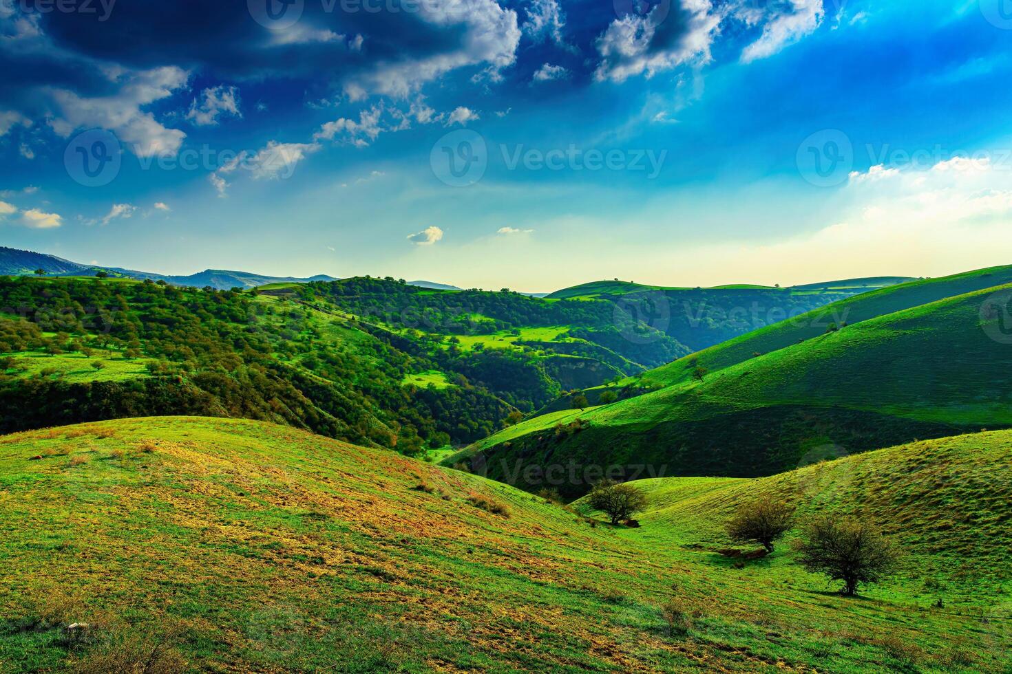 collines et montagnes couvert avec Jeune vert herbe et illuminé par le Soleil sur une ensoleillé journée. photo