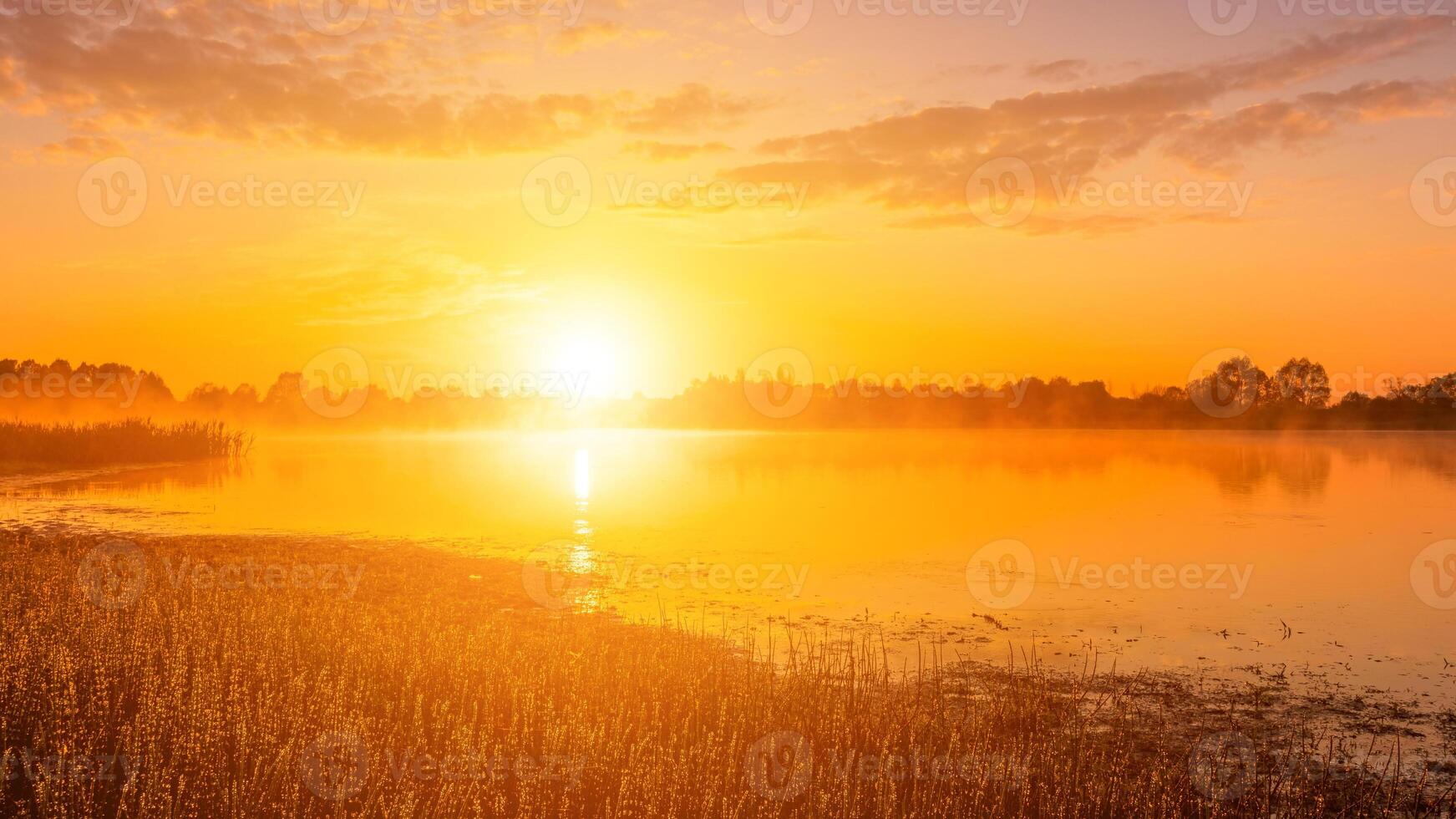 scénique vue de magnifique lever du soleil ou Aube au dessus le étang ou Lac à printemps ou de bonne heure été Matin. photo