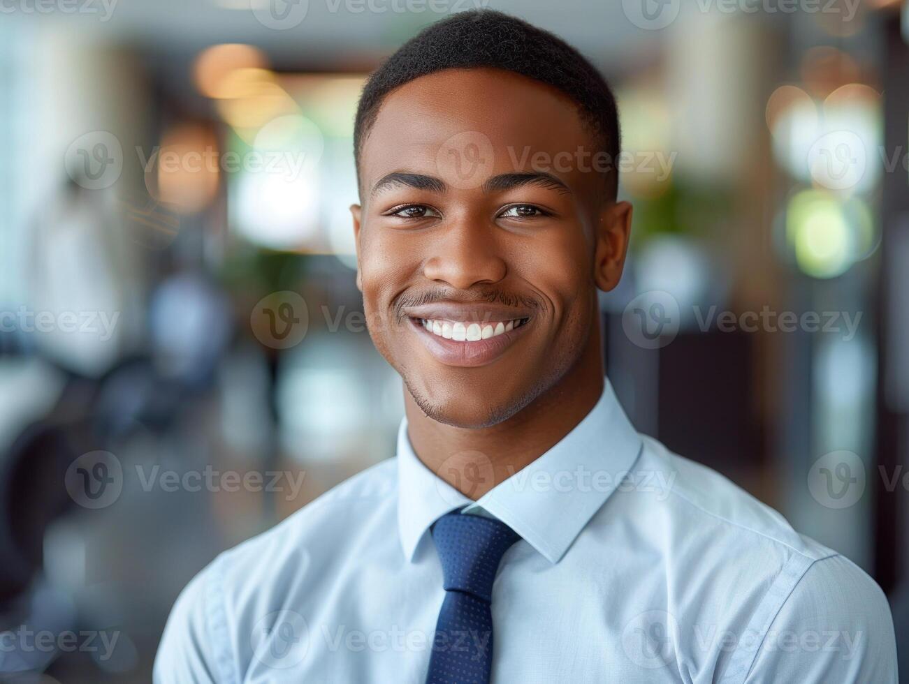 une homme dans une formel robe chemise et attacher souriant photo