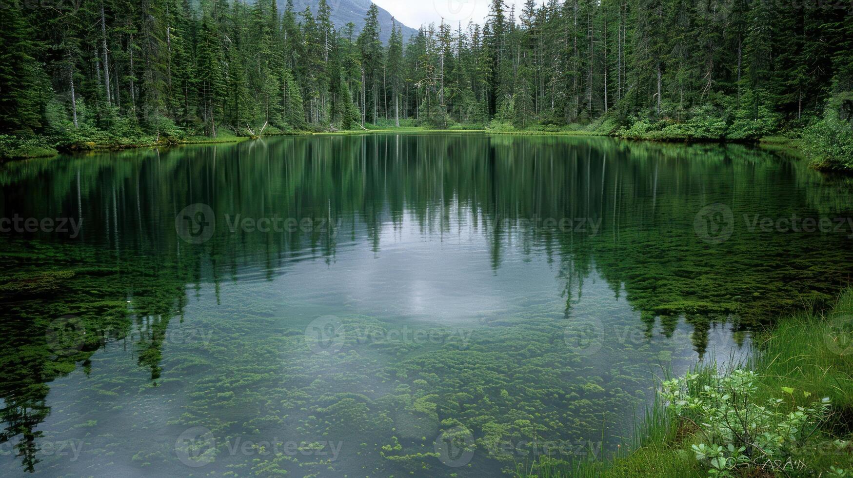 une vaste corps de l'eau entouré par une dense forêt de des arbres photo