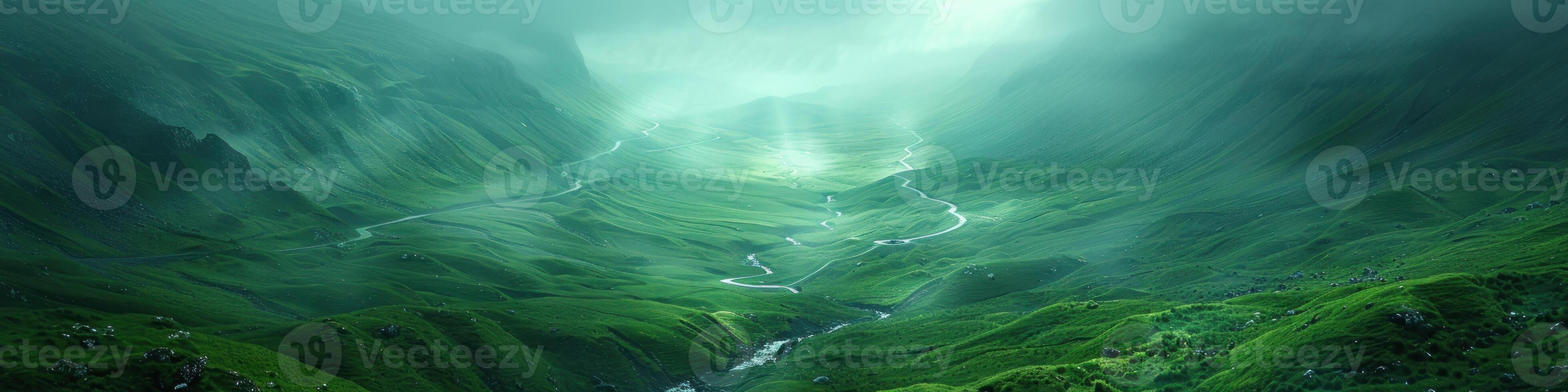 une La peinture représentant une vallée avec une rivière écoulement par il photo