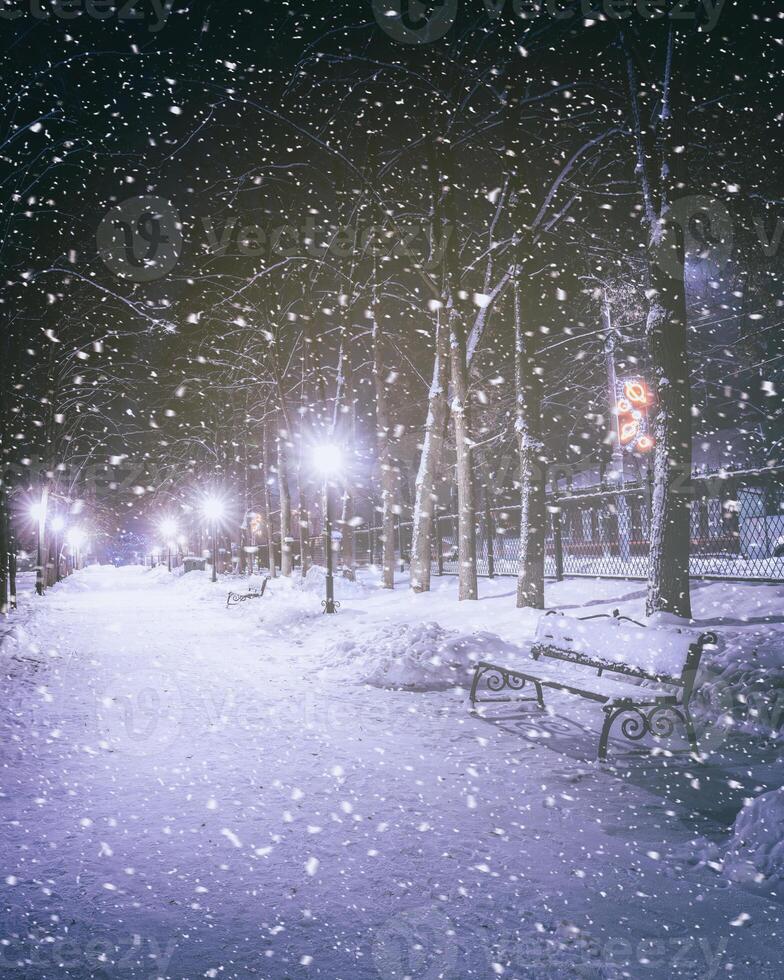 chute de neige dans une hiver parc à nuit avec embrasé lanternes, chaussée couvert avec neige et des arbres. ancien film esthétique. photo