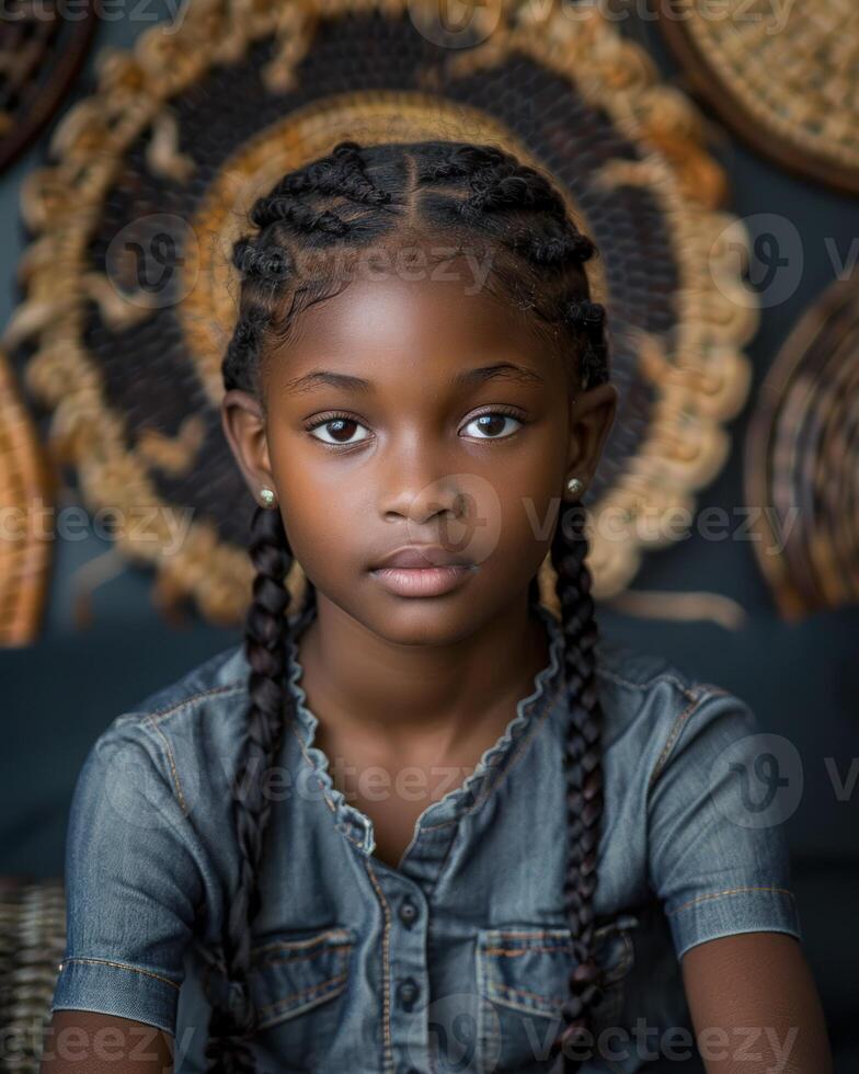 une fille avec tressé cheveux est assis dans de face de une mur photo