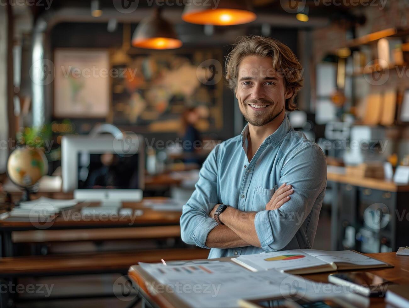 une homme permanent en toute confiance avec le sien bras franchi dans une occupé restaurant photo