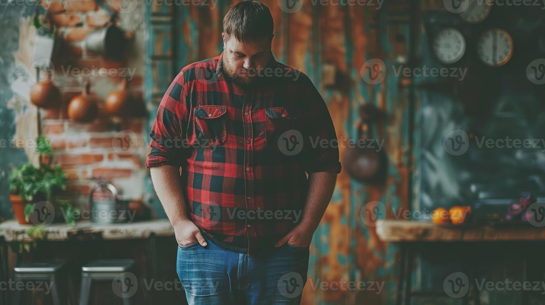 une homme portant une rouge et noir plaid chemise permanent dans une cuisine photo