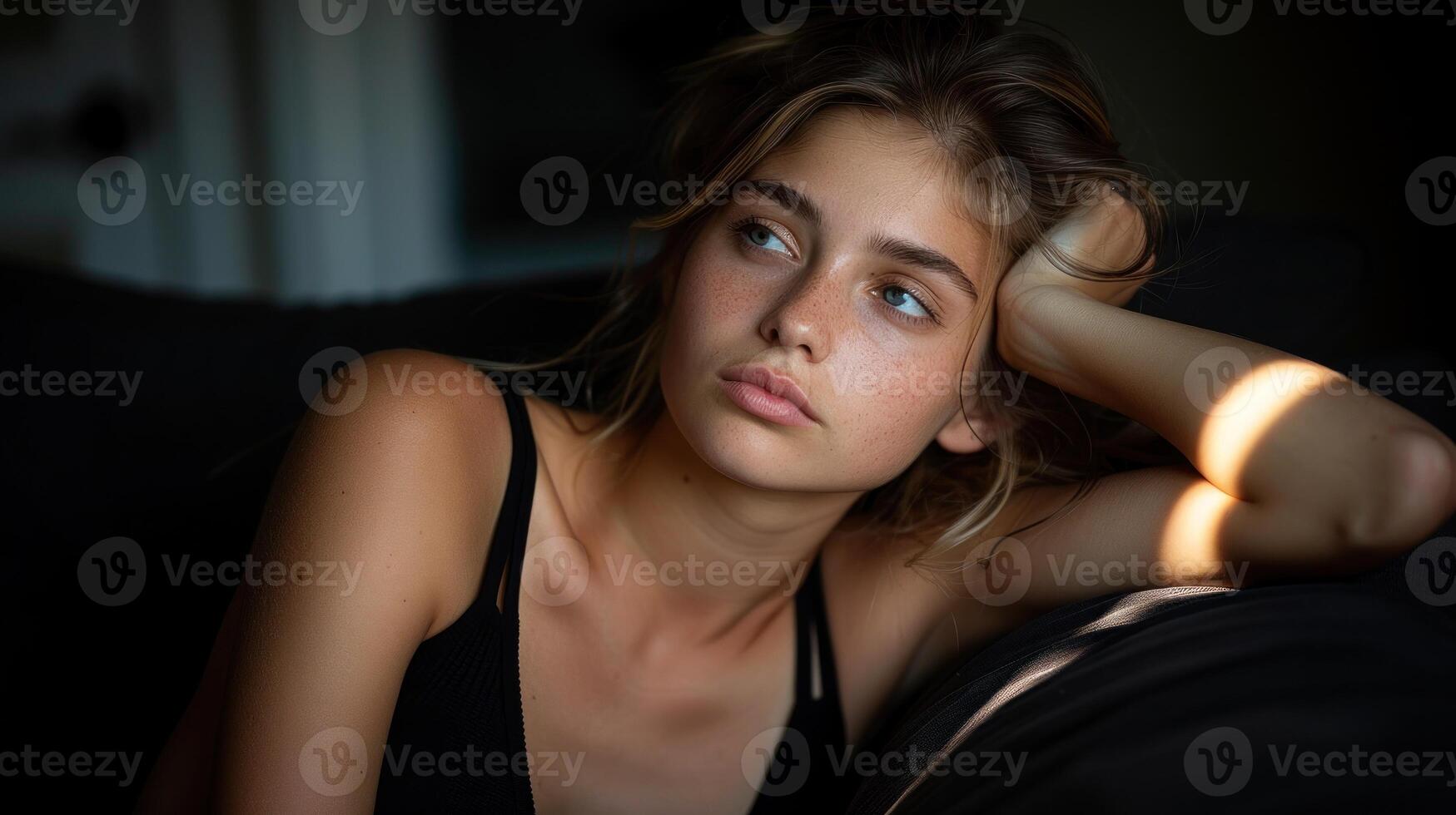 une Jeune femme dans une séance position sur Haut de une canapé photo