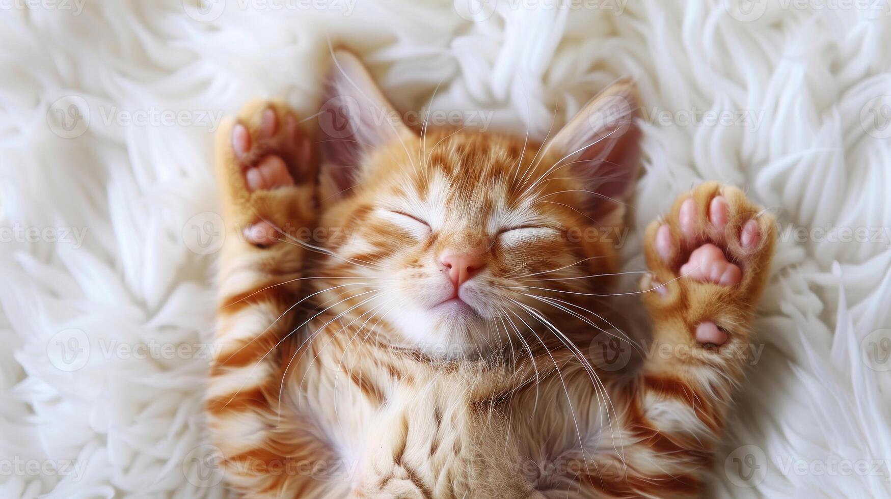 une petit Orange et blanc chat pacifiquement sieste sur une blanc couverture photo