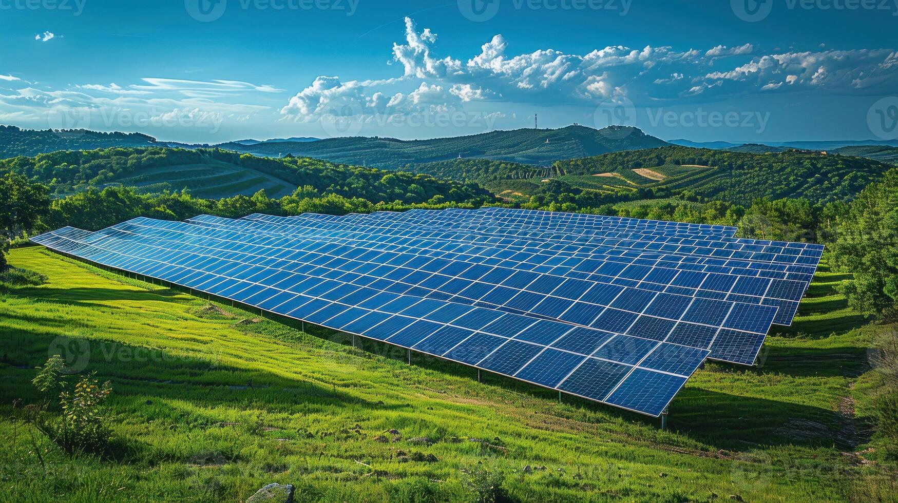 une grand solaire panneau installée dans une luxuriant vert champ photo