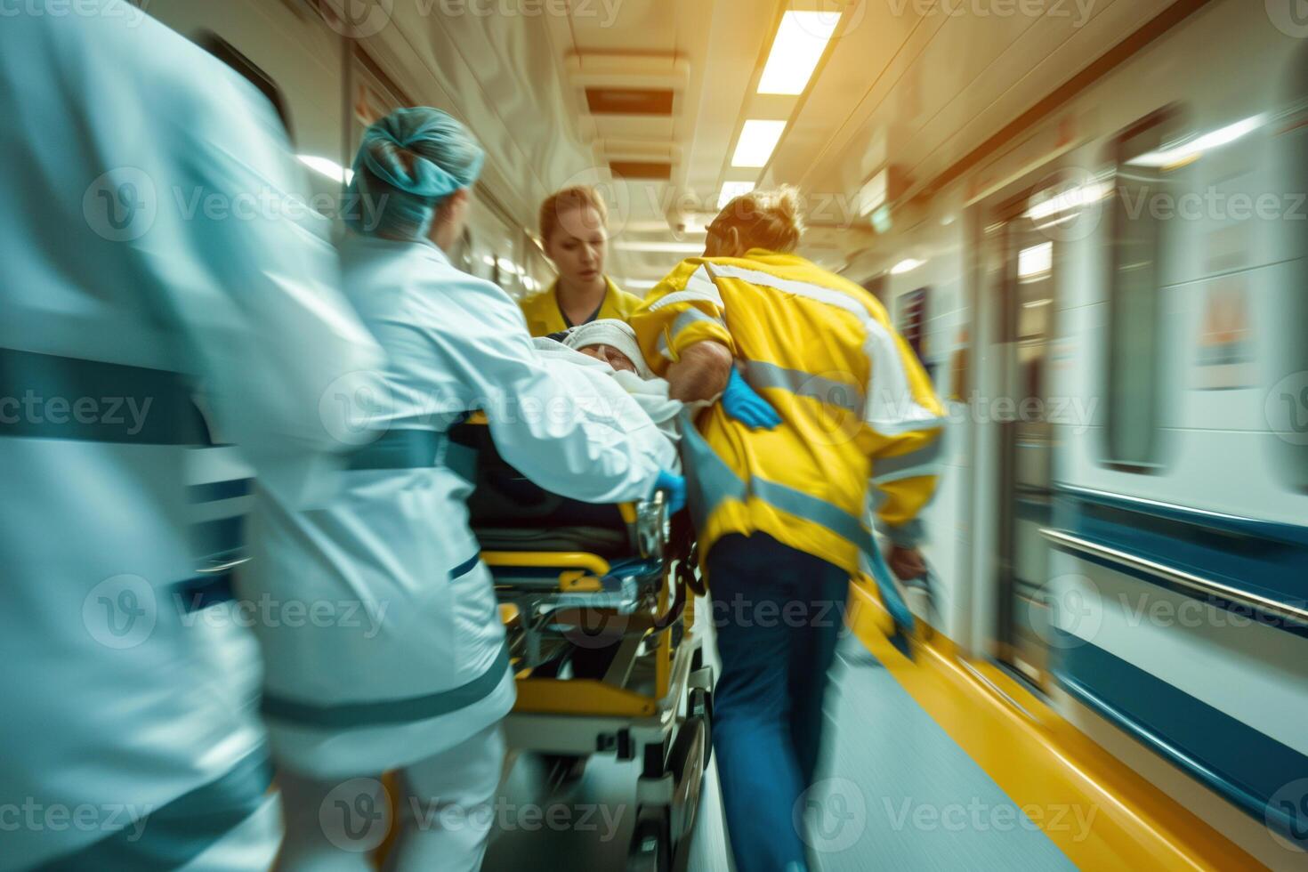 urgent se ruer dans hôpital couloir comme médical équipe se déplace patient sur tendeur photo