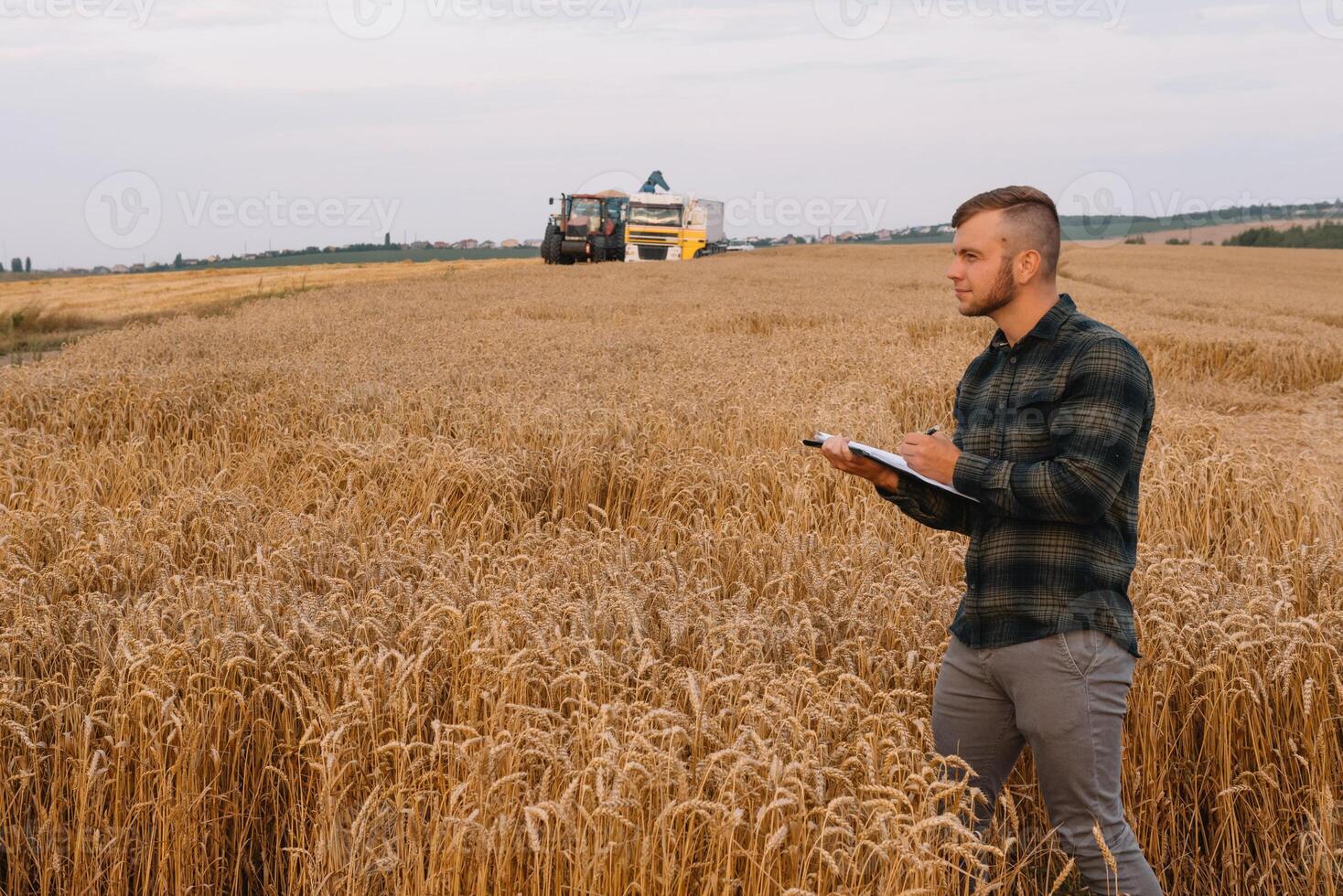 Jeune attrayant agriculteur avec portable permanent dans blé champ avec combiner moissonneuse dans Contexte. photo