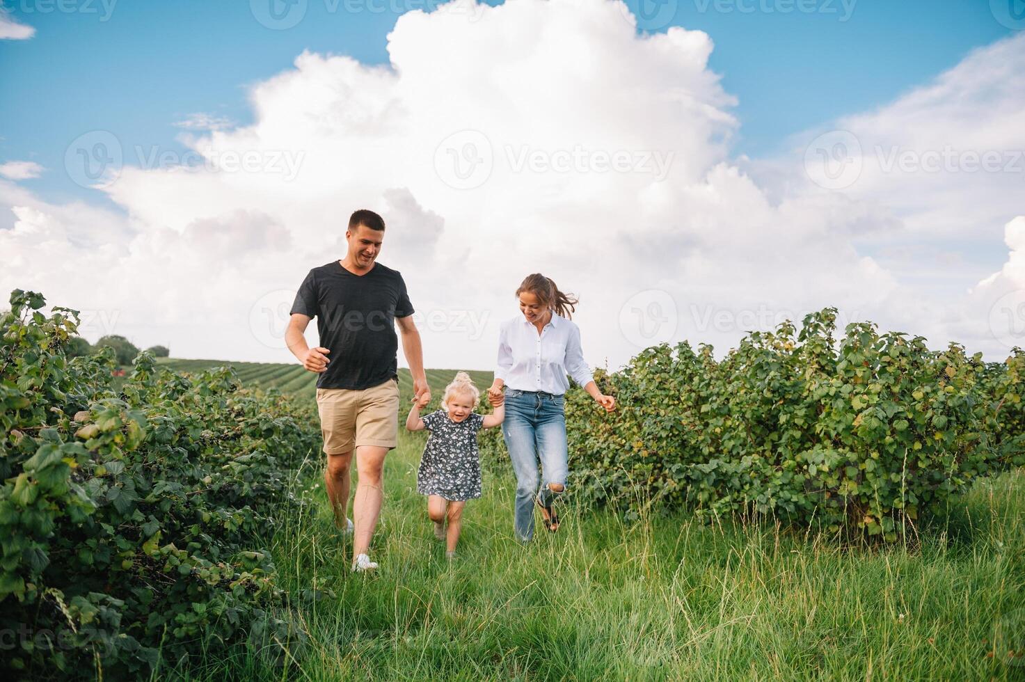 content famille en marchant dans le parc. maman, papa et fille marcher en plein air, Parents en portant le bébé les filles mains. enfance, la parentalité, famille obligations, mariage concept. photo