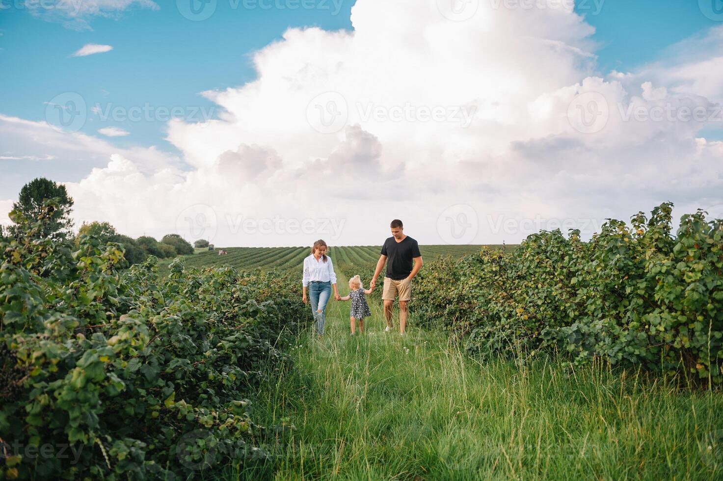 content famille en marchant dans le parc. maman, papa et fille marcher en plein air, Parents en portant le bébé les filles mains. enfance, la parentalité, famille obligations, mariage concept. photo