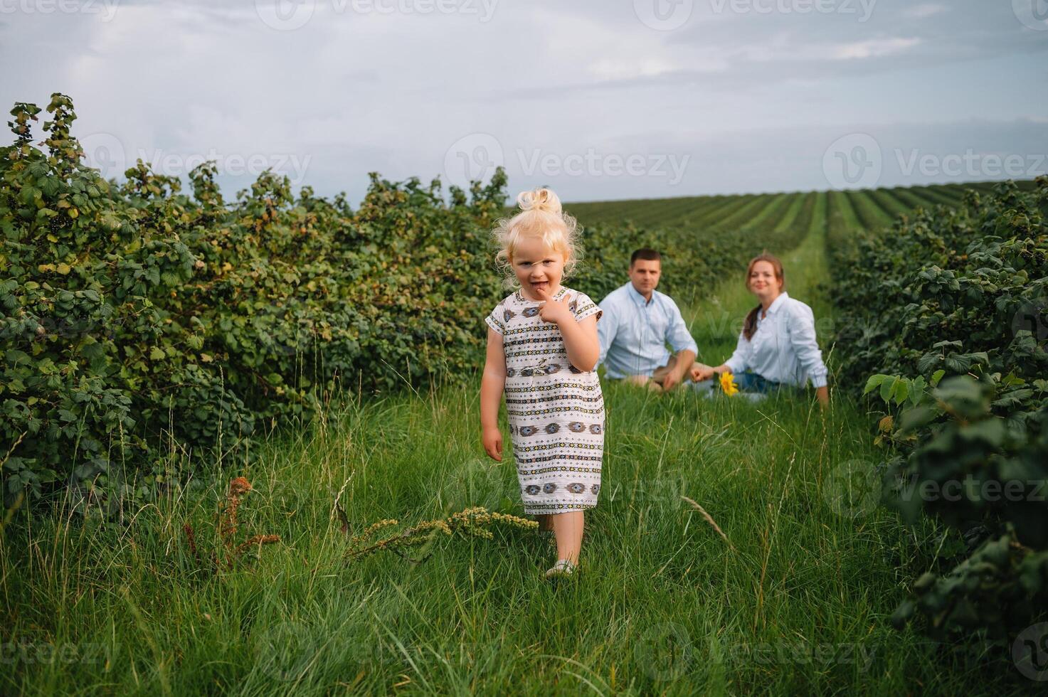 content famille avec peu fille dépenses temps ensemble dans ensoleillé champ. photo