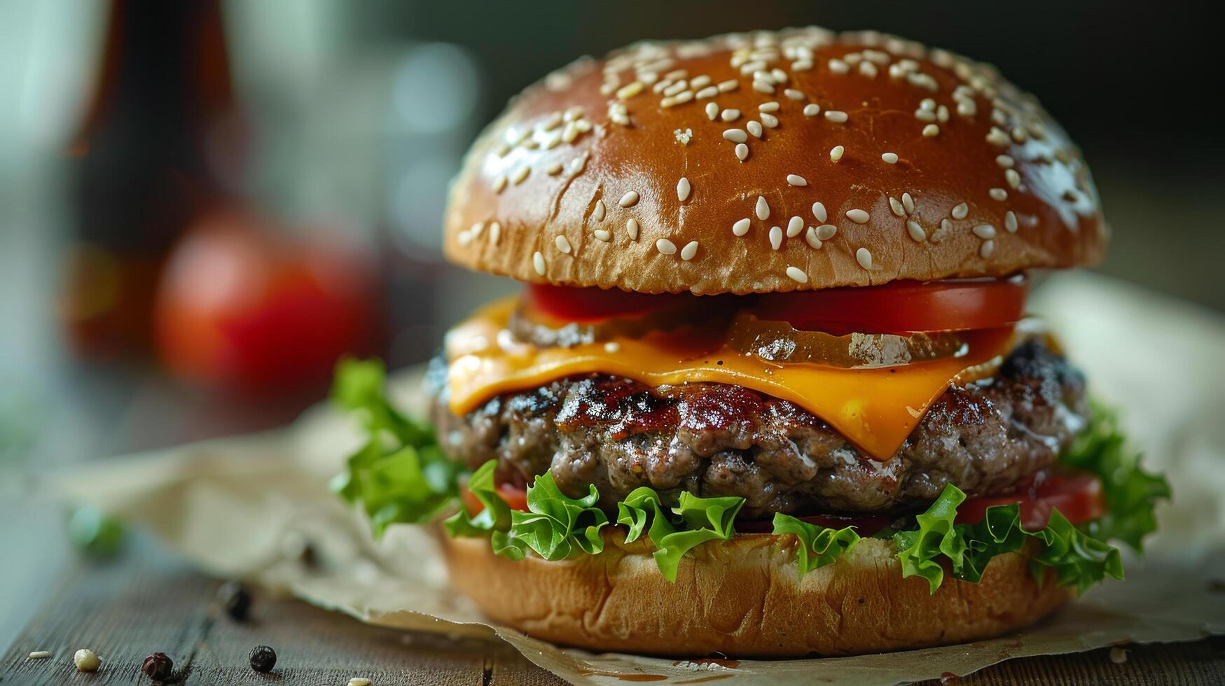 une Hamburger avec fromage et tomate sur une chignon. le chignon est marron et a sésame des graines sur il photo