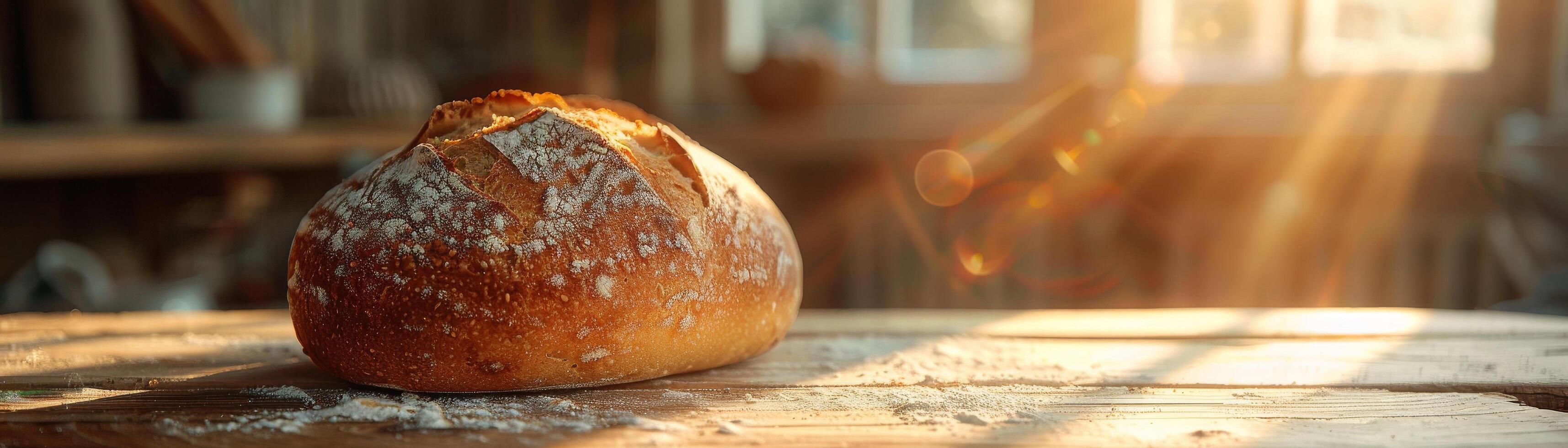 un artisanal pain pain repose sur une rustique en bois tableau, baigné dans le d'or lueur de diffusion lumière du soleil photo