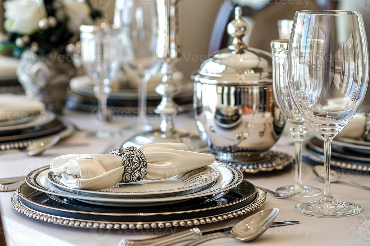 une dîner assiette et coutellerie pour une mariage à une luxe Hôtel La publicité nourriture la photographie photo