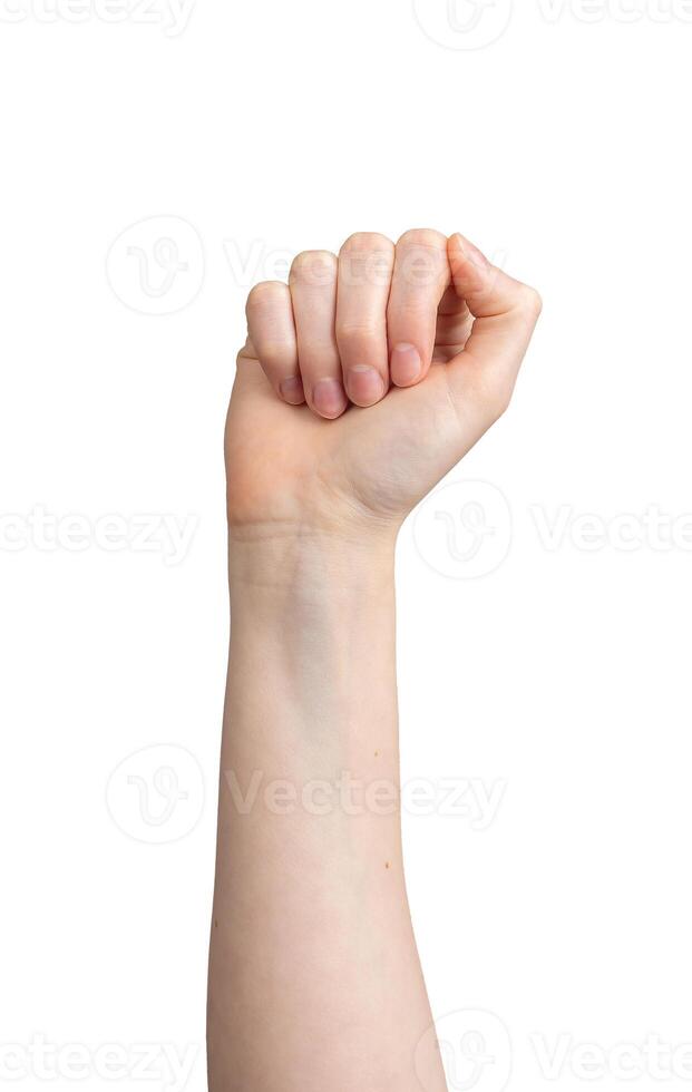 serré des doigts, poing élevé en haut, main geste isolé sur blanc Contexte photo