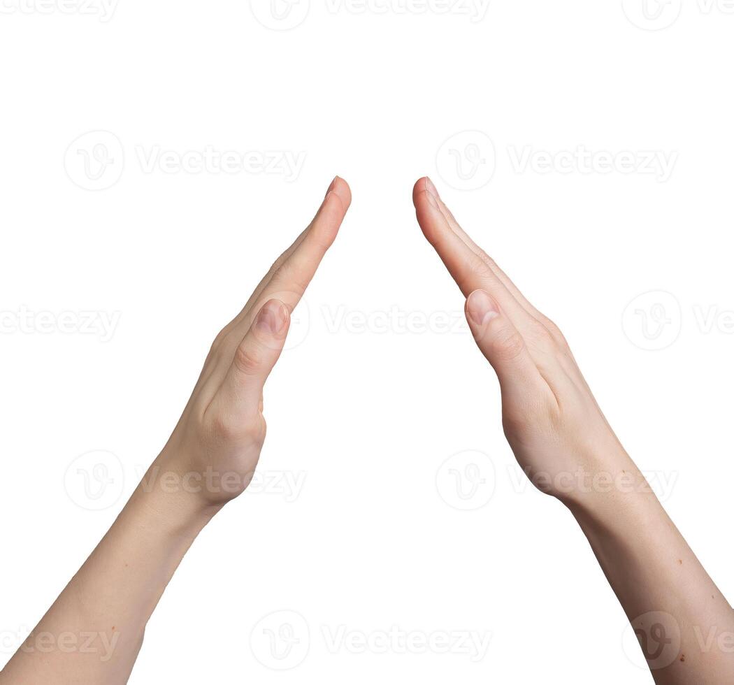 deux mains montrant Accueil toit, faire des gestes, isolé sur blanc Contexte photo