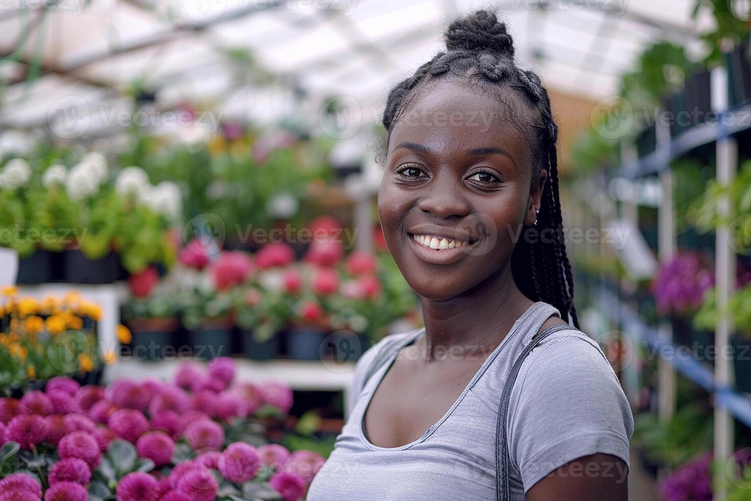 noir affaires femme dans une jardin centre entouré par verdure photo