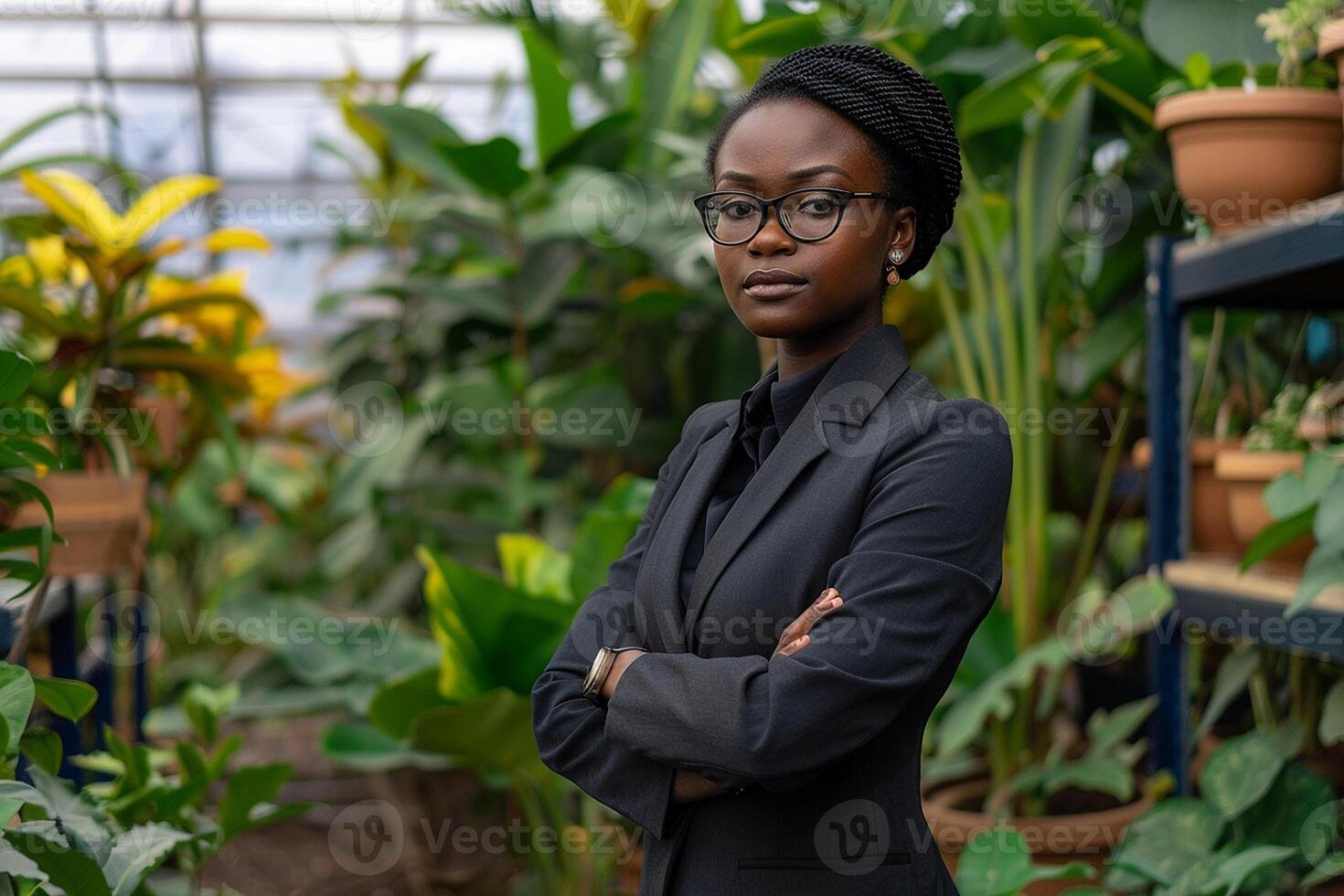 noir affaires femme dans une jardin centre entouré par verdure photo