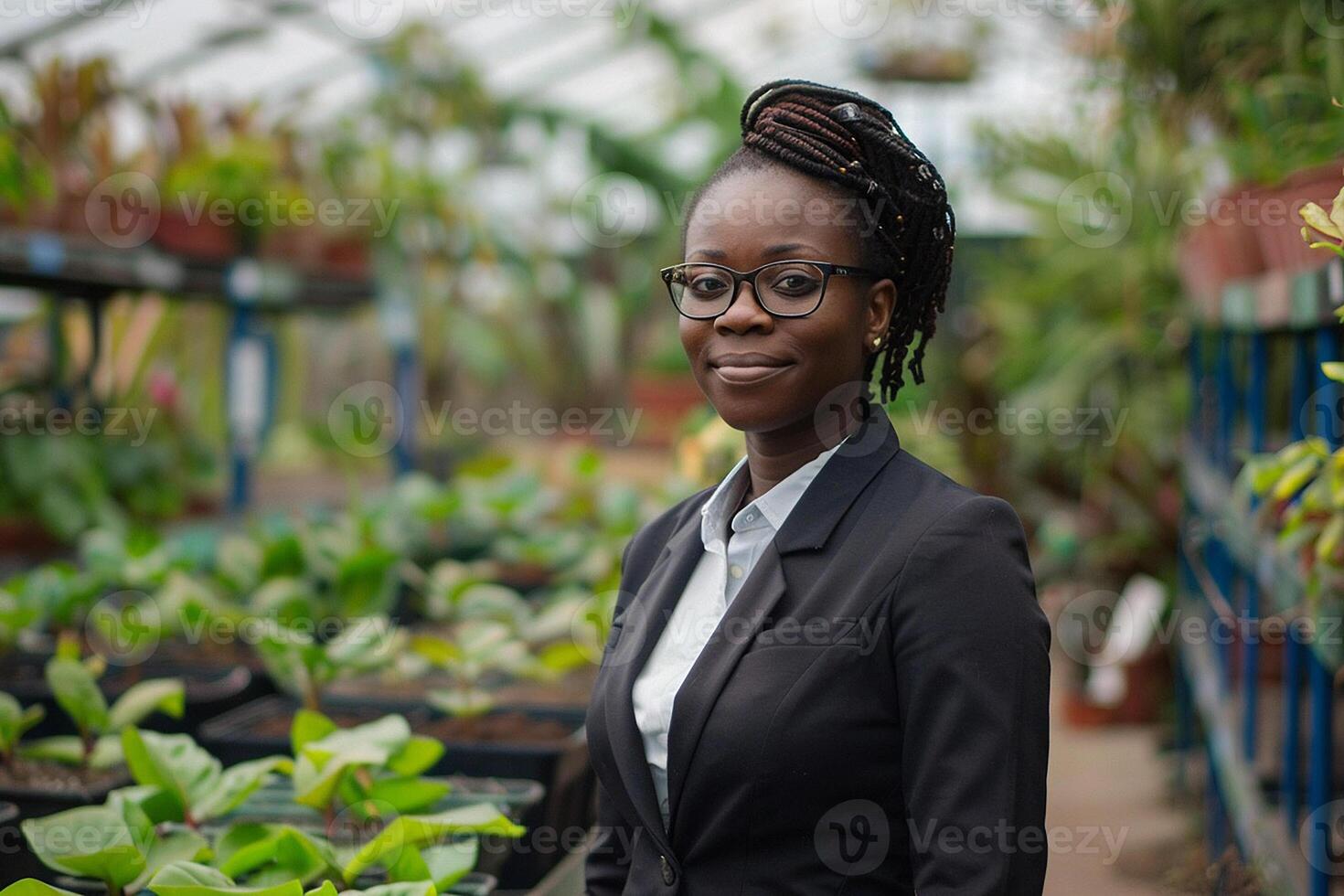 noir affaires femme dans une jardin centre entouré par verdure photo