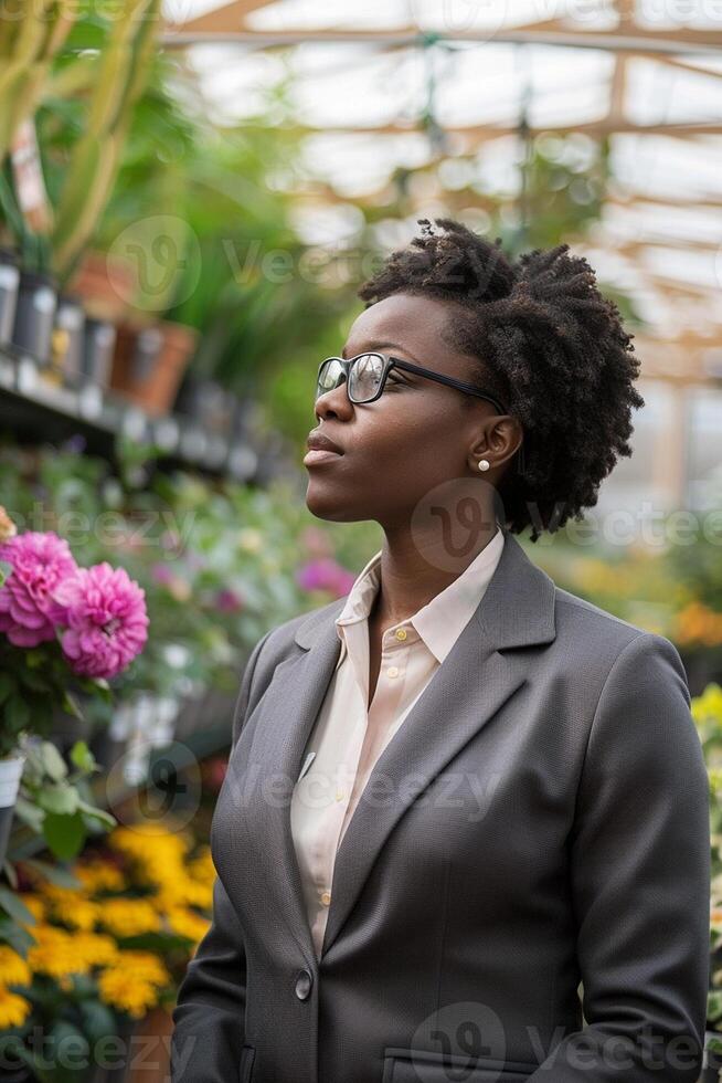 noir affaires femme dans une jardin centre entouré par verdure photo